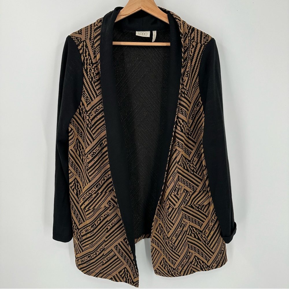 LOGO by Lori Goldstein Womens Size Large Tan Black Open Cardigan Sweater